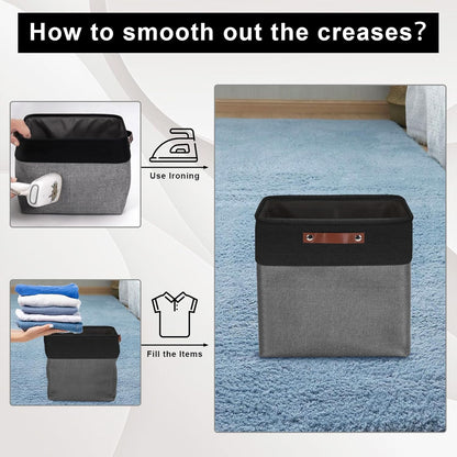 13x13 Cube Storage Bins, Collapsible Fabric Storage Box, 4 Pack Closet Baskets with Handles for Organizing, Shelf, Toys, Clothes, Home, Office, Nursery (Grey&Black)