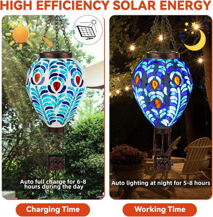 VOREEN Hot Air Balloon Solar Lantern, Mosaic Solar Outdoor Hanging Wind Light, Waterproof, Patio Festive Decor, Gift for Mom Wife Friend, Peacock Feather Design