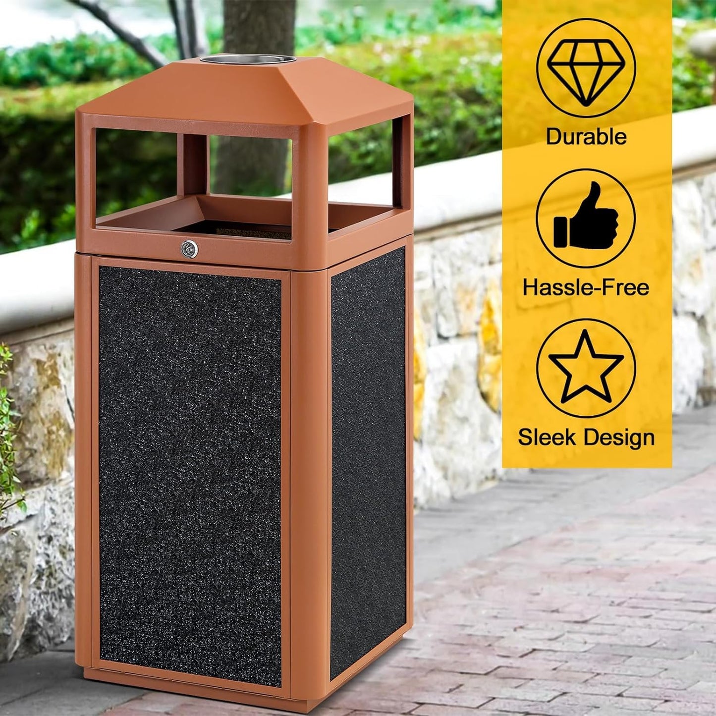 Square Waste Container with Dome Lid | Commercial Outdoor Garbage and Trash Container, Brown 15 Gallon