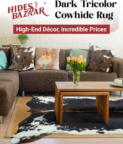 Natural Cowhide Rug for Home & Office Premium Dark Tricolor Cowhide Rug with Unique Dark Brown, Black & White Patterns- Cow Hide Rugs Made with Tanned Leather - Cow Hide Rugs 6x6-7 ft