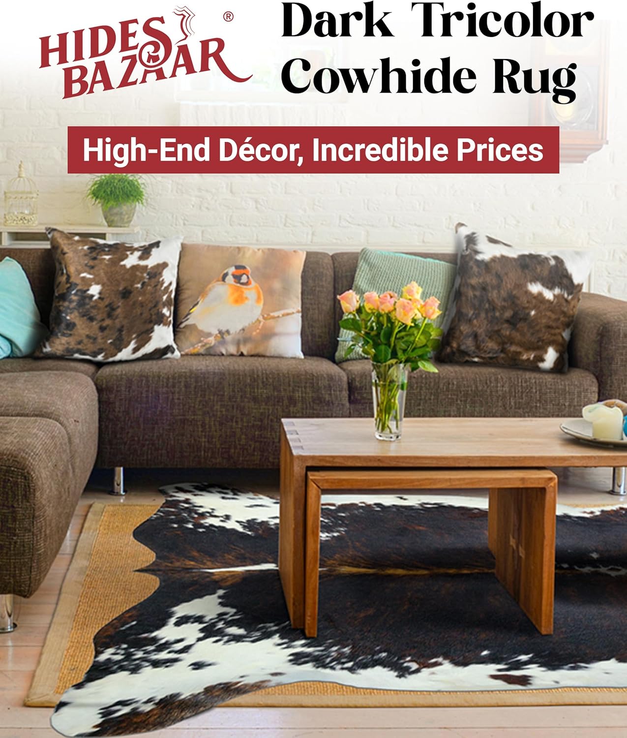 Natural Cowhide Rug for Home & Office Premium Dark Tricolor Cowhide Rug with Unique Dark Brown, Black & White Patterns- Cow Hide Rugs Made with Tanned Leather - Cow Hide Rugs 6x7-8 ft