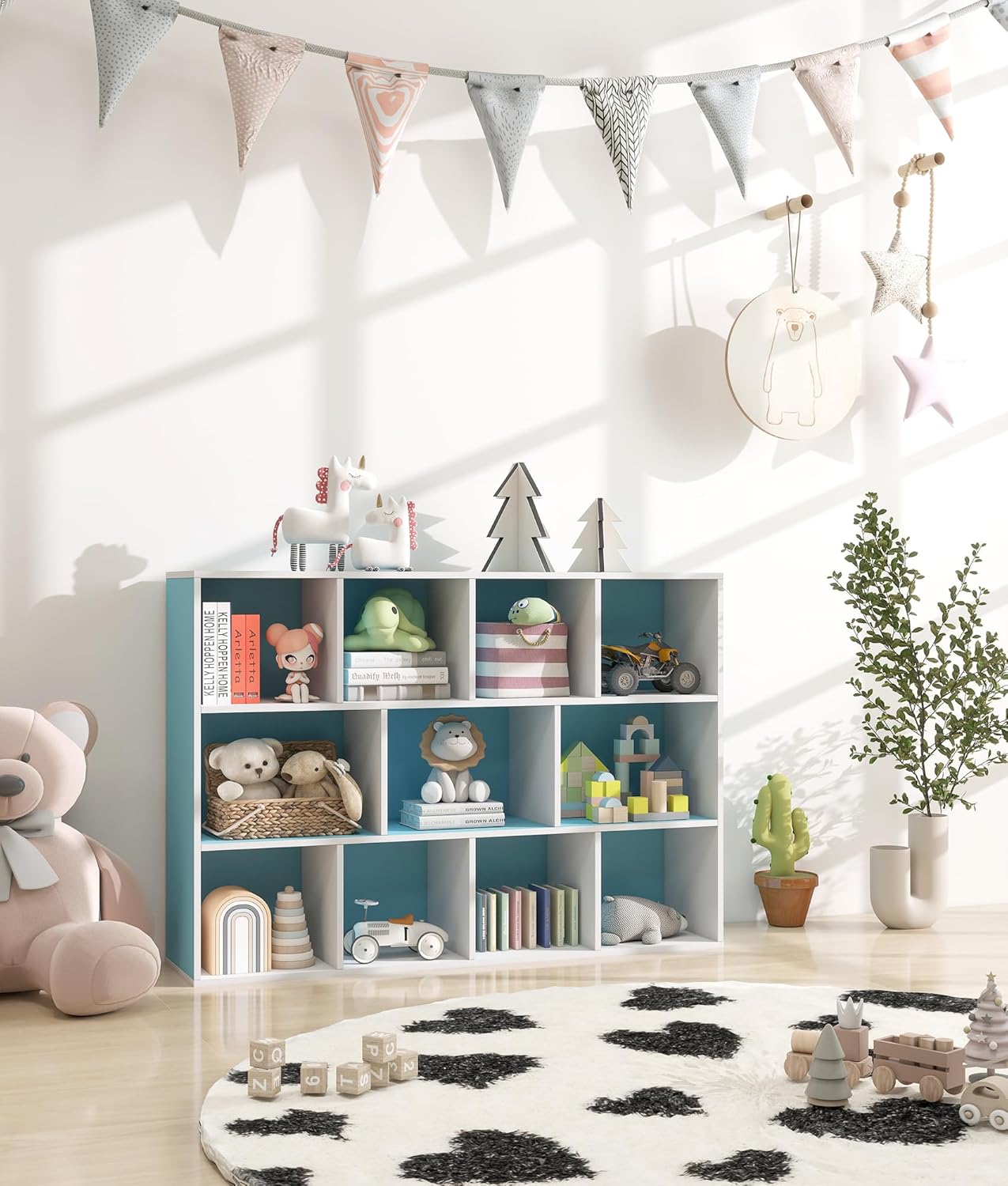 11-Cube Blue Kids Bookshelf and Toy Organizer – Wooden Storage Shelf for Boys Bedroom, Open Cube Bookcase for Toddlers and Playroom Organization