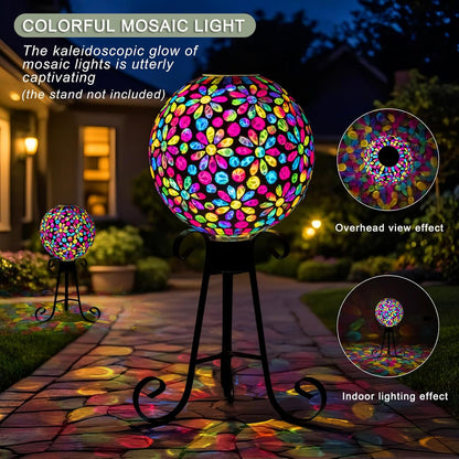 VOREEN 10" Mosaic Glass Gazing Ball with Solar Light, Outdoor Solar Gazing Globe, Handmade IP44 Waterproof Garden Decor Sphere for Patio Yard, Ideal Gift for Mom Wife Friend, Colorful Daisy Design