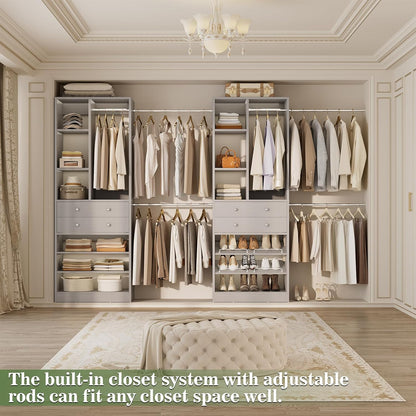 Closet System, Up to 134"/11.2 FT Closet Organizer with 4 Wooden Drawers and Shelves, Walk-in Closet System with 6 Hanging Rods, Built-in Closet Can Fit 96"/8FT, 120"/10FT, Morandi Grey