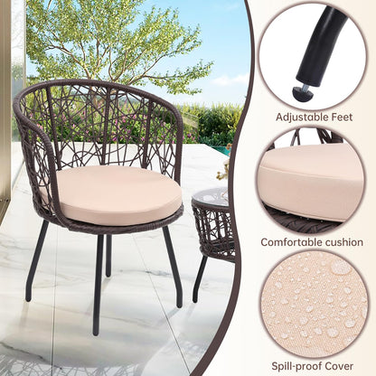 Kromax 3 Piece Bistro Set, Modern Outdoor Wicker Patio Furniture with Tempered Glass Table Top and 2 Chairs, Washable Cushions, Brown Rattan and Begie Cushion