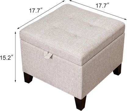 Adeco 18 Inch High Cube Ottoman Storage, Linen Chair Foot Stools, Upholstered Vanity Stool with Hinged Lid, Solid Wood Legs (Beige Grey)