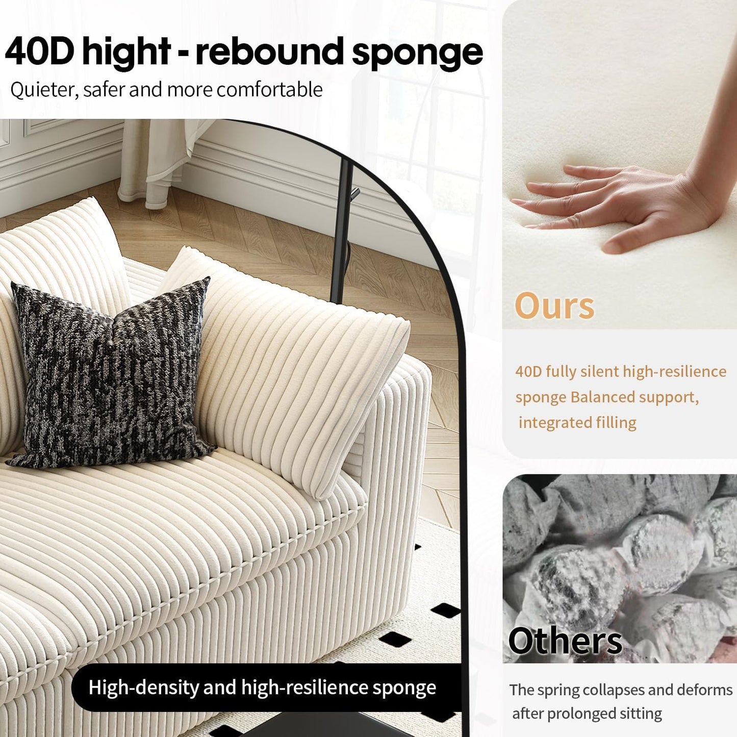 118" Cloud Couch Modular Sectional Sofa for Living Room,Modern Sofa with Deep Seat，3 Seater Boneless Couch,Comfy Upholstered Corduroy Couches for Apartment, Studio, Office,Bedroom，White