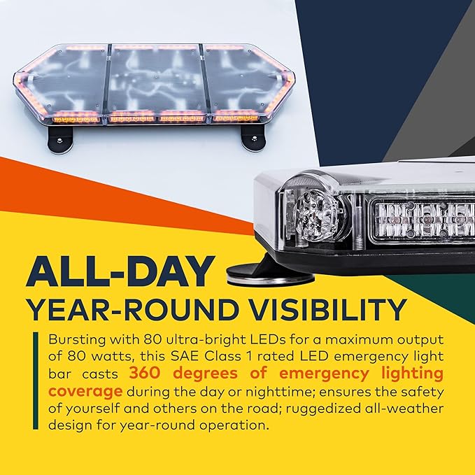 LAMPHUS NanoFlare NFMB80 26" 12V 80W Amber LED Strobe Mini Light Bar [Magnet/Permanent Mount] Yellow Rooftop Rotating Safety Flashing Emergency Warning Beacon Lightbar for Truck Vehicles