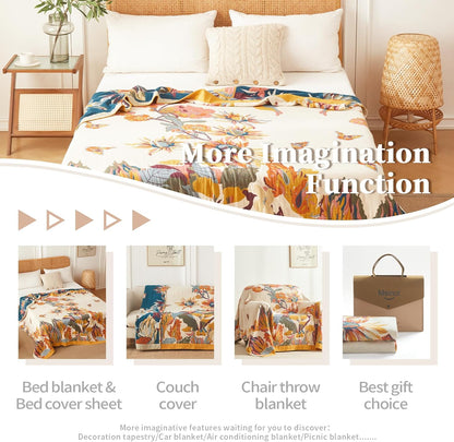 Cotton Throw Blanket Floral Printed Throw for Bed Soft Breathable Farmhouse Blankets Home Decoration Picnic Blanket (60"x80",02-Colorful Flowers)