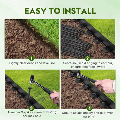 No Dig Landscape Edging 2" x 33FT Kit, Plastic Edging for Landscaping with 100 Spikes, for Garden, Lawn, Flower Beds and Yard, Black