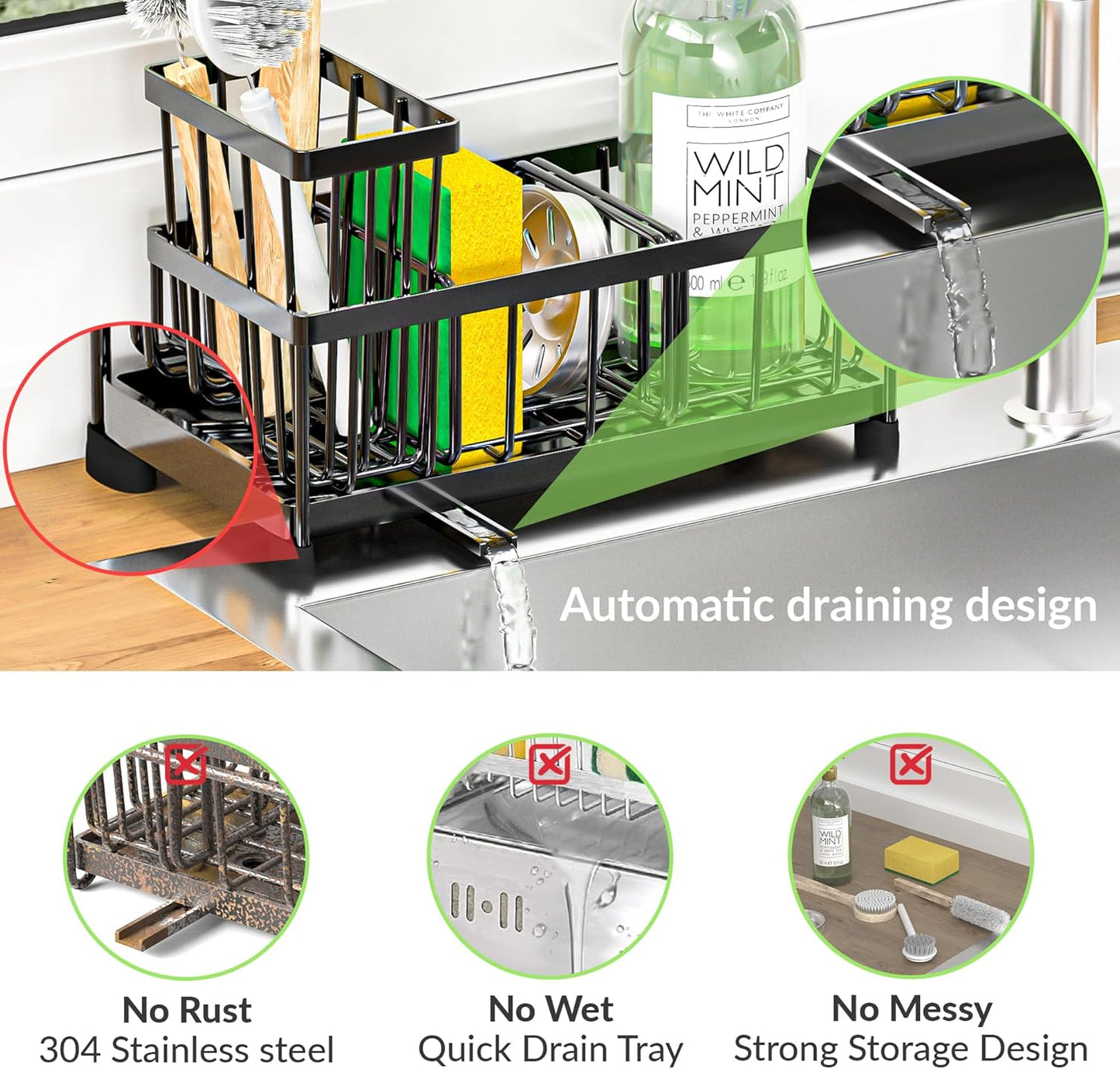 Black Sponge Holder for Kitchen Sink, Self-Draining Kitchen Sink Organizer with High Brush and Dishcloth Holder,304 Stainless Steel, Rustproof, Soap Caddy Dispenser for Countertop