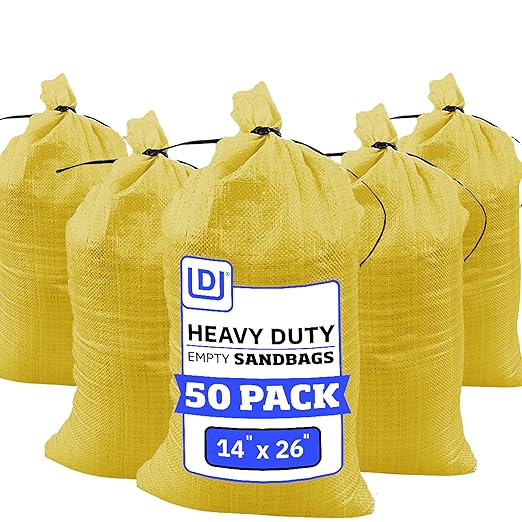 DURASACK Heavy Duty Sand Bags with Tie Strings Empty Woven Polypropylene Sand-Bags for Flood Control with 1600 Hours of UV Protection, 50 lbs Capacity, 14x26 inches, Yellow, Pack of 50