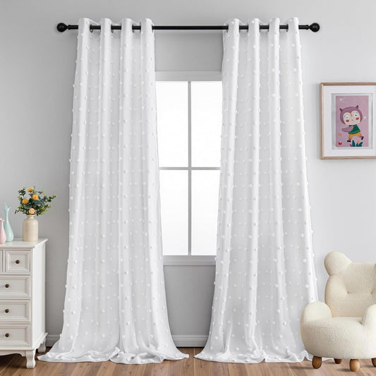 MYSKY HOME 100% White Blackout Curtains for Sliding Door 108 Inches Long Total Light Blocking Curtains for Living Room 2 Panels Grommet Room Darkening Drapes with White Pom Pom Sheer 52 x 108 Inch