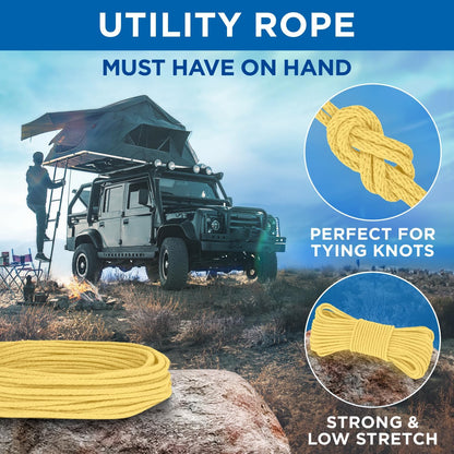 TECEUM Cotton Rope 3/16” (5 mm) – 100 FT – Strong All-Purpose Braided Rope – Natural Cotton – for Crafting, Сamping, Clothes Line, DIY, Indoor & Outdoor Use – Pastel Yellow