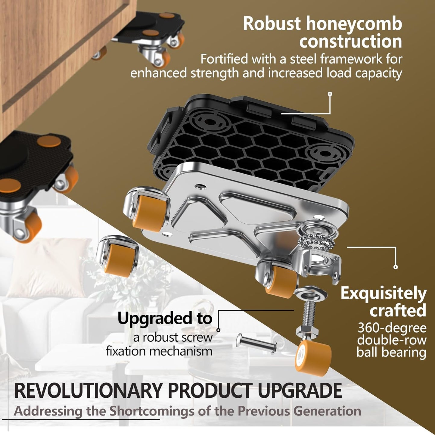 ONEON Furniture Mover Pro Set - Enhanced Dolly and Lifter with Custom TPE Wheels for Easy Furniture Lifting and Moving - Professional Tool for Effortless Furniture Transport (Black 4Dollies + 1Lifter)