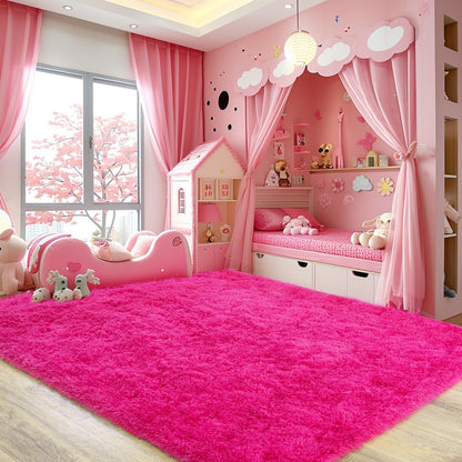 Rezutan Ultra Soft Fluffy Hot Pink Rugs for Bedroom, 4x6 Feet Fluffy Shag Area Rugs for Living Room and Girls Kids Baby Room Decor, Non Slip Nursery Modern Indoor Fuzzy Floor Bedside Carpet