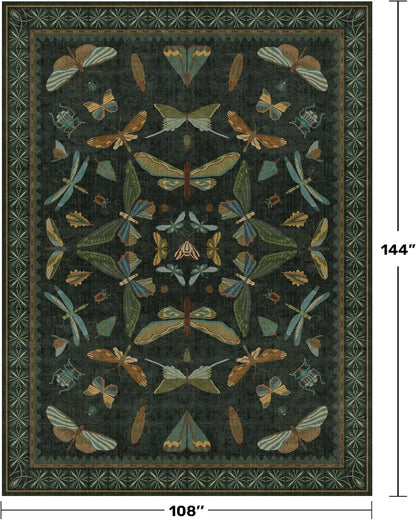 Forest Green Rugs for Living Room - 9x12 Big Rugs for Bedroom, Dining Room, Guest Room, Insect Moth Décor, Non Slip Low Pile