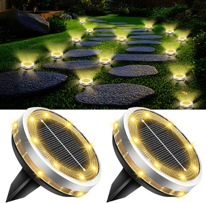 Solar Ground Lights Outdoor 2 Pack Waterproof, Upgraded Solar Garden Lights with 4 Side Light, Stainless Steel Solar Powered Disc Landscape Light for Walkway Pathway Lawn Yard Patio Deck-Warm White