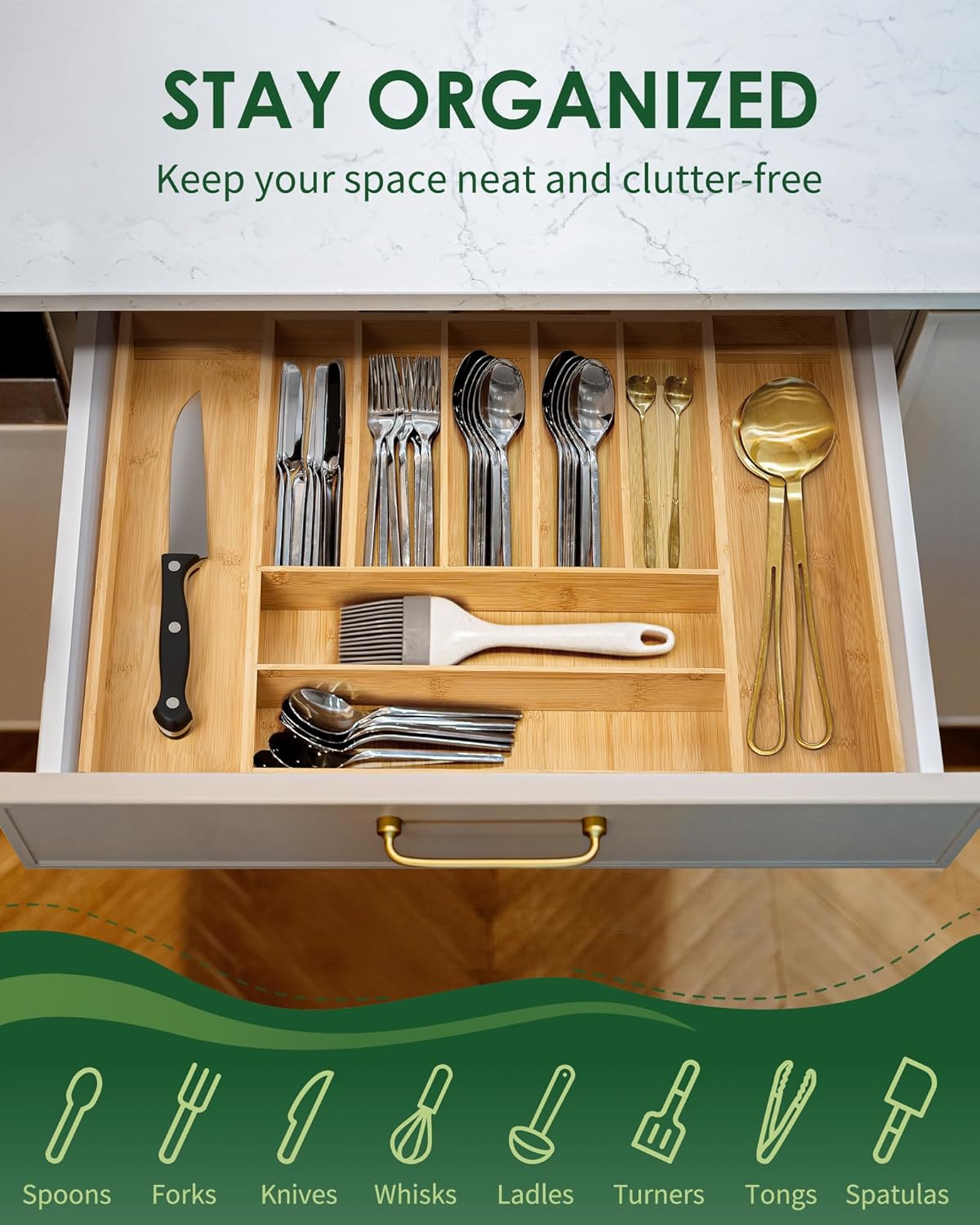 Premium Bamboo Expandable Drawer Organizer, 7-9 Slots Adjustable Kitchen Drawer Organizer for Large Cooking Utensils Cutlery, Kitchen Drawer Organization