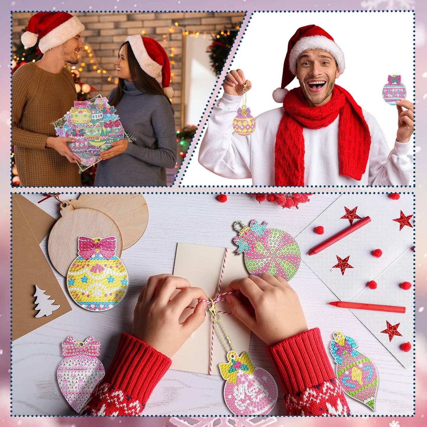 Tondiamo 20 Pcs Christmas Diamond Painting Keychain Kits 5D DIY Diamond Art Pendants Double Sided Hanging Key Chains for Christmas Party Decoration DIY(Macaron)