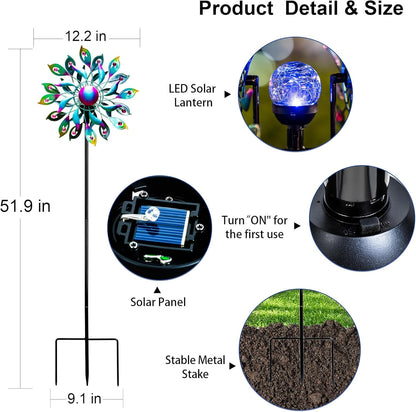 51.9" Peacock Solar Wind Spinner Outdoor Decor – Waterproof LED Lighted Garden Art with Adjustable Metal Pole, IP65 Weather Resistant for Yard, Patio