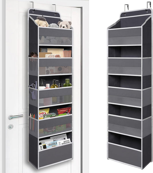 Over Door Organizer with 5 Large Pockets, Heavy Duty Hanging Organizer Storage, Closet Bathroom Nursery Bedroom Dorm, Toys Cosmetics Sundries and Baby Essentials, Gray