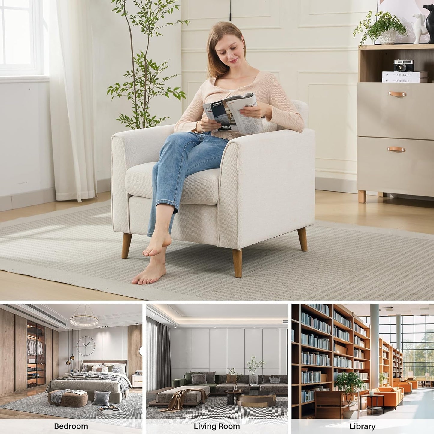 Modern Accent Chair with Wooden Legs Plush Fabric Armchair Chenille Side Single Sofa Chair for Bedroom, Office Cafe Waiting Room Apartment (Beige Armchair)