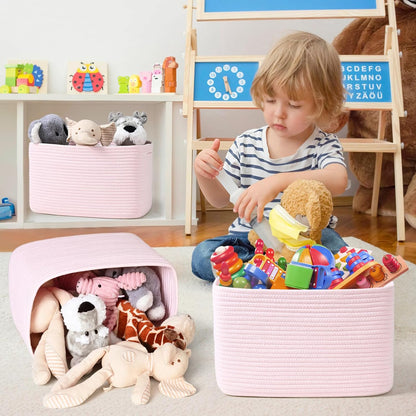 3-Pack Shelf Baskets for Organizing, Woven Storage Basket for Shelves, Cotton Rope Storage Bins for Toys Books, Nursery Towel Baskets for Classroom, 14.96"X9.8"X8.85", Pink