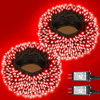 2 Pack Christmas Lights Outdoor, Total 200FT 600LED Christmas String Lights with 8 Modes Waterproof, Green Wire Twinkle Tree Lights for Indoor Room Patio Yard Xmas Party Decorations, Red
