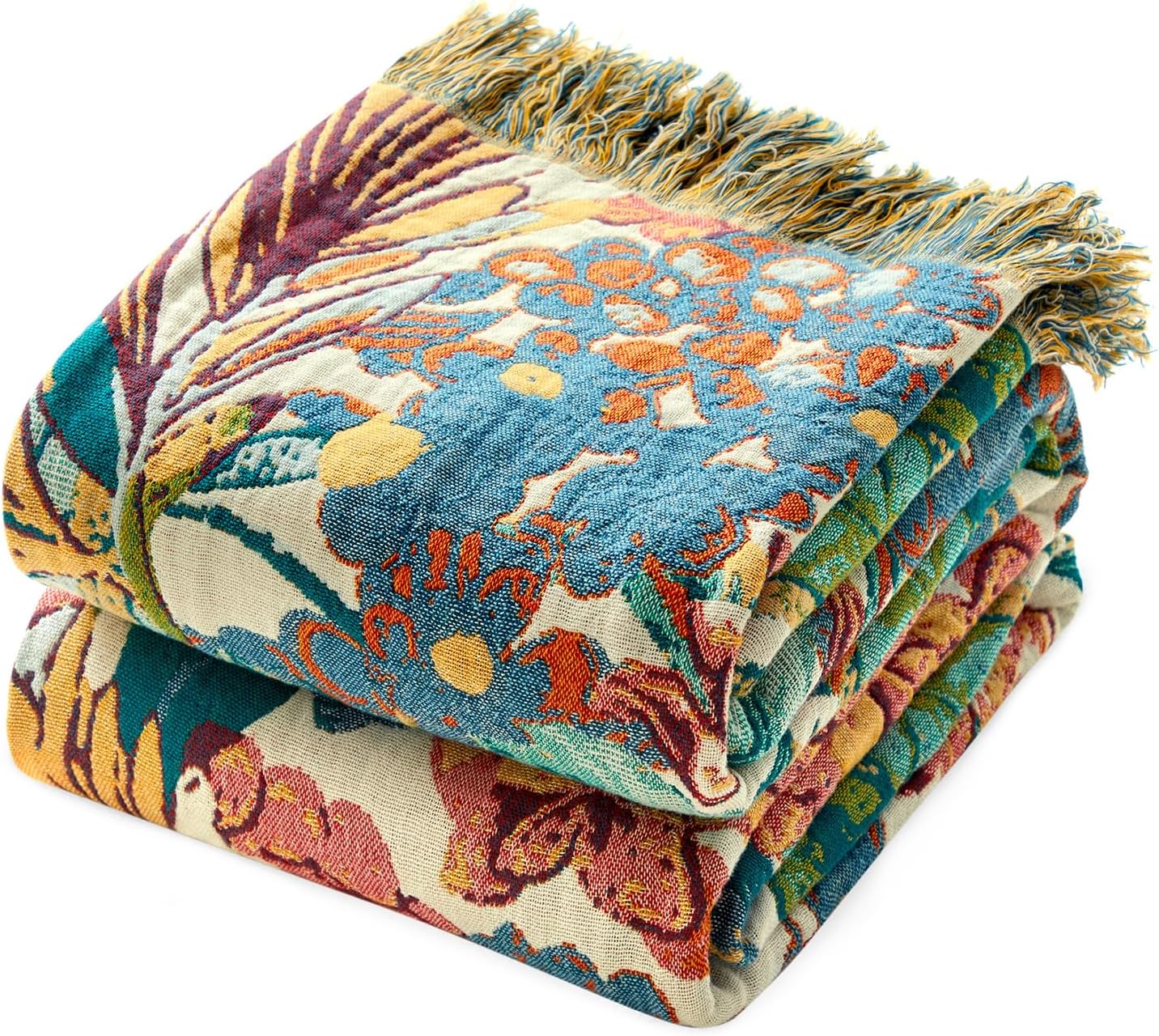 MSGKV Boho Throw Blanket for Couch Bed Chair 100% Cotton Muslin Breathable Vine Embroidery Blanket 50"x60" Sofa Blankets for All Seasons Lightweight Farmhouse Blankets Boho Home Decor