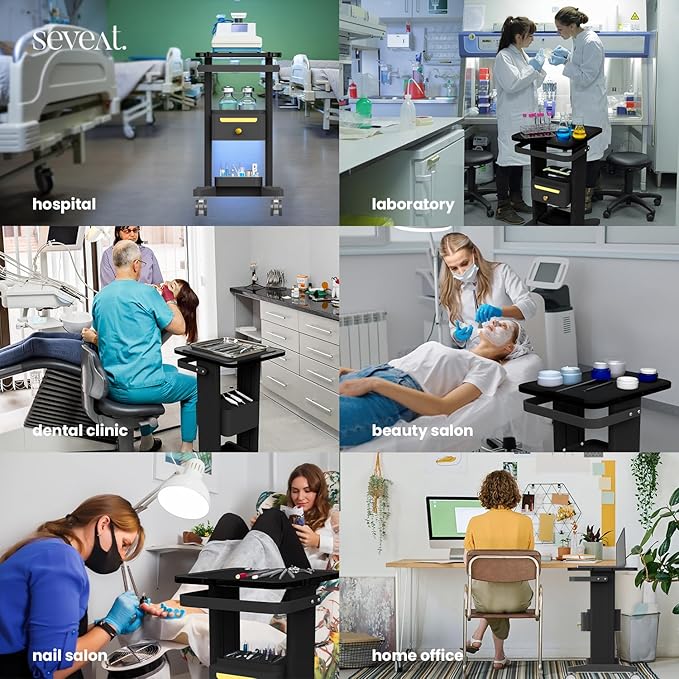 Professional Medical Cart with Drawers, 3 Tier, 198 Lbs Capacity, Portable Rolling Trolley for Home, Spa, Hospital, Office, Clinic (Black)