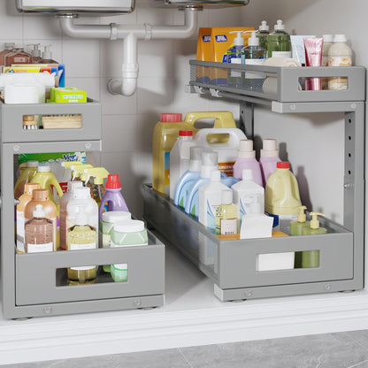 2 Pack 19IN Depth Under Sink Storage Organizer, Large 2-Tier Elegant Mesh Pull Out Shelf for Kitchen and Bathroom Cabinet Organization, L-Shaped and Adjustable Height Design-Gun Gray