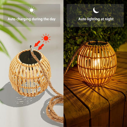 Livinlarge Hanging Solar Lantern Outdoor Waterproof, Large Solar Rattan Lantern Outdoor with Twine Handle, Bright Outdoors Hanging Lights with Edison Bulb for Garden Patio Yard Decoration