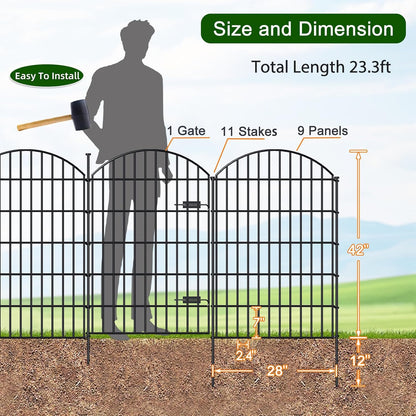 Metal Garden Fence with Gate 42in (H) x 23.3ft (L), 1 Gate+ 9 Panels Dog Fence Border Fence Animal Barrier, No Dig Garden Fencing for Yard Flower Bed Lawn Patio Outdoor, ECG4210, Black