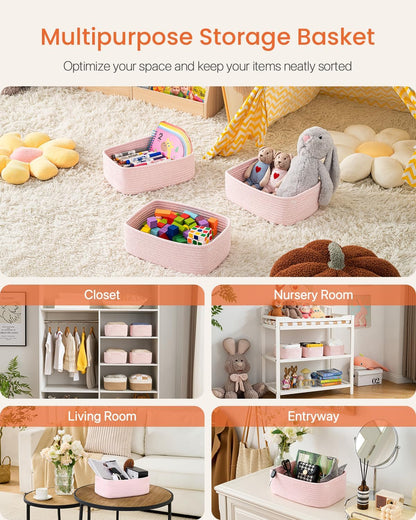 Small Woven Basket, 12 x 8 x 4.5 Inches, Storage Basket for Organizing, Cute Small Rope Shelf Closet Cube Storage Bins Baskets for Shelves, Dog Toy Gift Baskets Empty, 3 Pack Light Pink