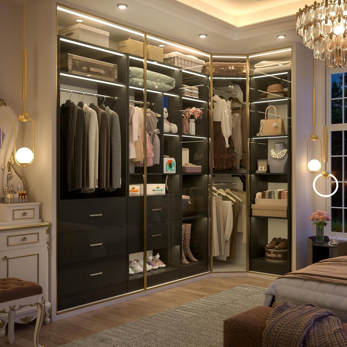 Corner Closet System with 5 Drawers, Closet Organizer System with 15+Shelvess & 4 Hanging Rods, 63.2"L * 63.2"W / 87.2"L * 39.2"W Reversible L Shaped Walk-in Closets, Load 2500+LBS, Black