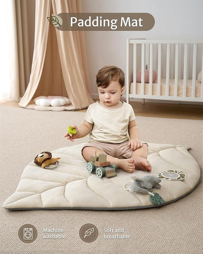Blissful Diary Baby Play Gym & Activity Mat, Leaf Shaped Baby Tummy Time Play Mat with 6 Detachable Toys, Promotes Motor Skills & Sensory Development, Newborn Baby Essentials Gift, Oatmeal Beige