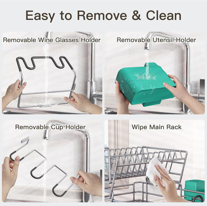 BOOSINY 2 Tier Turquoise Large Stainless Steel Dish Drainers Drying Rack for Kitchen Counter with Drainboard, Rust Proof Metal, Space Saving, Modern Aesthetic, Compact Plates Strainers with Extra Mat