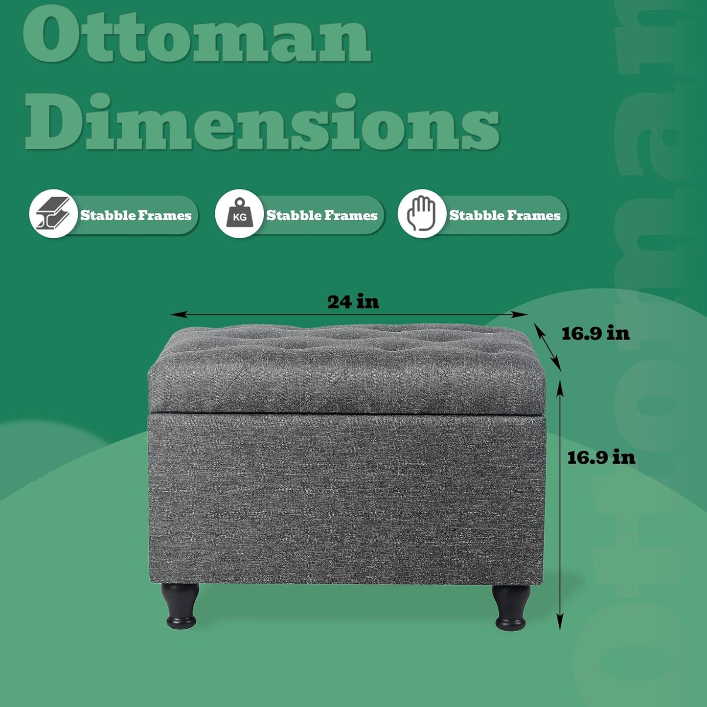 Ottoman with Storage 24'' Storage Ottomans Linen Fabric Ottoman Footstools Small Upholstered Foot Rest Stool for Couch, Living Room, Bedroom, Entrance Shoe Bench Dark Grey