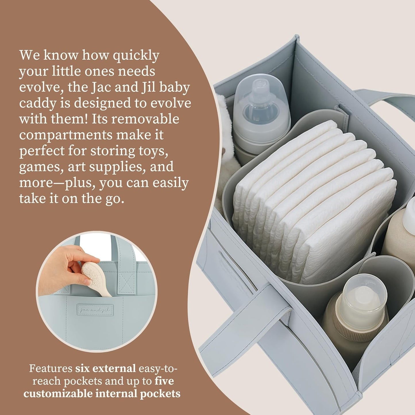 Premium Vegan Leather Baby Diaper Caddy Organizer – Portable Storage Basket for Newborn Essentials, Changing Table, Nursery, Car & Travel, Gifts for Baby Shower (Pastel Seafoam)