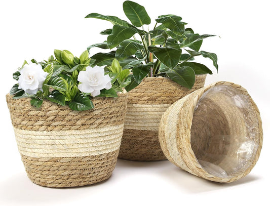 Athaliah Plant Basket, 3 PCS Plant Baskets Indoor with Plastic Liner, Water Hyacinth and Corn Stalk Woven Planters Flower Basket, Planter Basket for Rustic Home Floor Potted Pots Decor