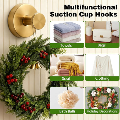 Suction Cup Hooks for Wreaths on Glass, No-Drill Suction Cup Hooks, Wreath Hangers for Front Doors, Metal Towel Hooks for Showers Bathrooms Mirrors (2Pcs Gold)
