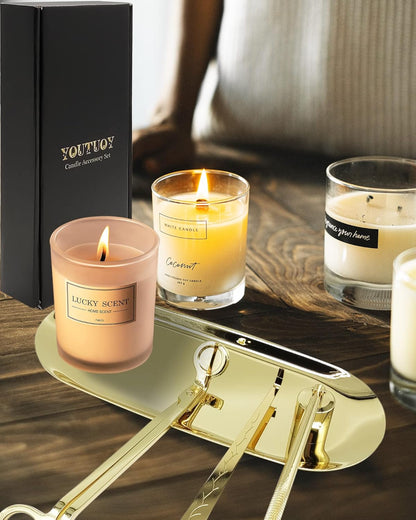 4 in1 Candle Accessory Set with Storage Tray Plate, Candle Wick Trimmer, Candle Wick Snuffer, Candle Wick Dipper, Great for Scented Candles Lovers (Gold)