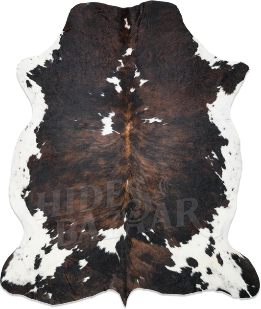 Natural Cowhide Rug for Home & Office Premium Dark Tricolor Cowhide Rug with Unique Dark Brown, Black & White Patterns- Cow Hide Rugs Made with Tanned Leather - Cow Hide Rugs 6x7-8 ft