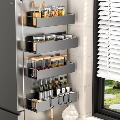 4 Pack Magnetic Spice Rack for Refrigerator, Black Magnetic Shelf for Kitchen Organizer and Storage, Mini Organizers for Oven and Fridge with 4 Hooks