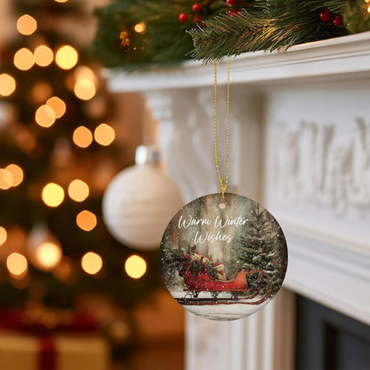 Vintage Rustic Christmas Ceramic Ornament Gifts, Farmhouse Winter Snowy Christmas Sleigh Decorative Hanging Ornaments for Xmas Tree Holiday Party Decoration, Winter Xmas Tree Decorations