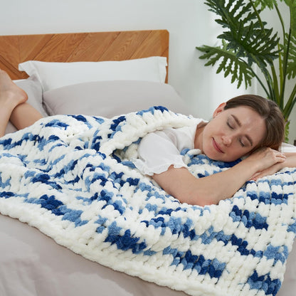Amélie Home Chunky Knit Throw Blanket for Couch, Soft Chenille Crochet Blanket for Sofa, 50"x60", Space-Dyed Blue Striped