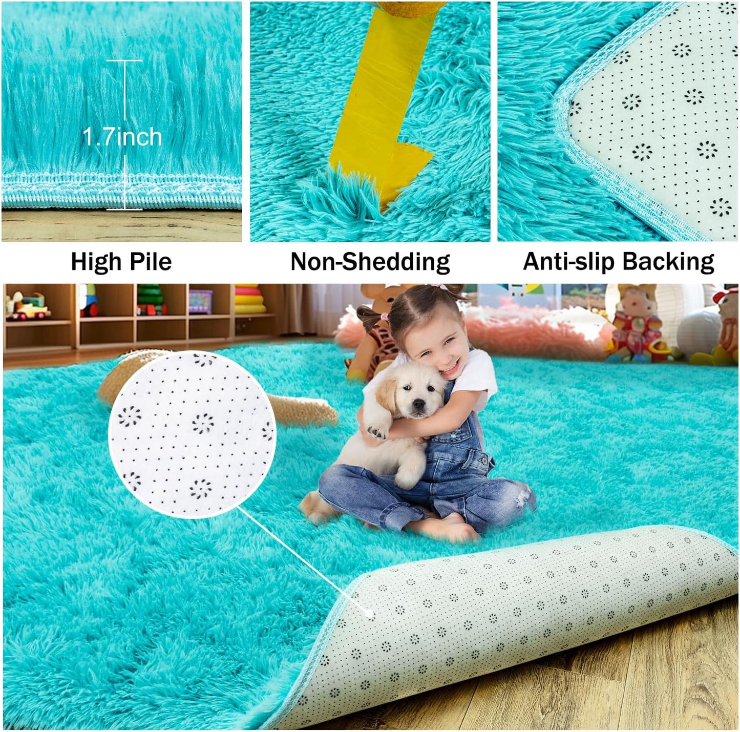 Rezutan Modern Shaggy Area Rug - Super Soft Fluffy Living Room Bedroom Rug for Kids Nursery, Classroom, Bedside Decor W/Non-Slip Bottom Teal Blue, 4x6 Feet