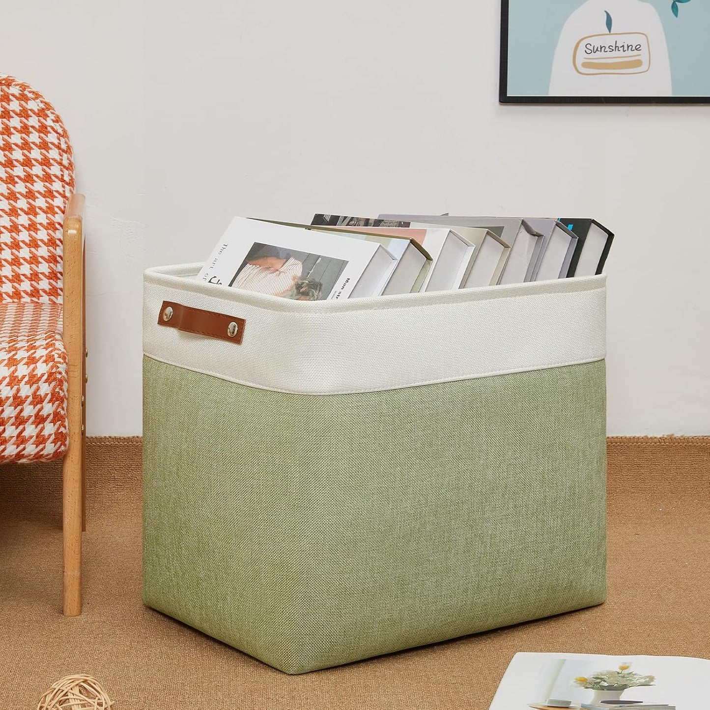 DULLEMELO Large Storage Basket 17"x12"x15", Fabric Storage Organizer Basket for Storage Clothes, Large Fabric Bin for Organizing Book, Storage Bin with Handles for Storage Toy (White&Green)