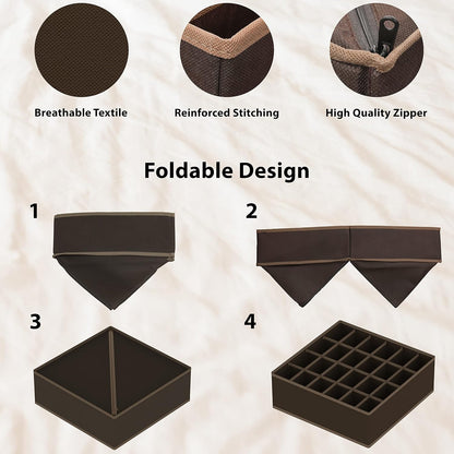 Simple Houseware 4-Pack Drawer Organizer Set - Closet Dividers for Underwear, Socks, Bras, Scarves, Ties - Foldable Non-Woven Storage Boxes, Brown